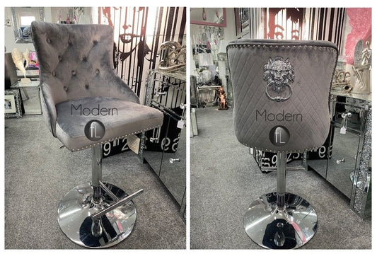 Grey velvet swivel bar stool with Lion knocker and cross stitch