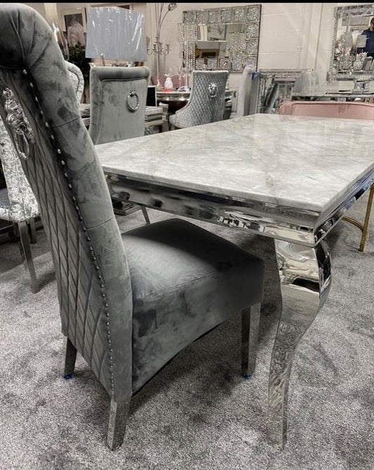 1.5 Louis Marble dining table with x4 scroll back dining chairs