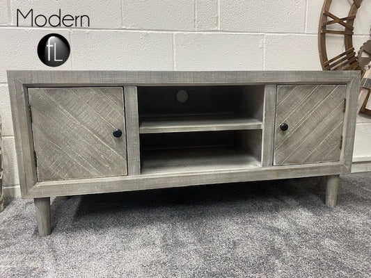 Weathered Grey parquet washed wood 2 door TV stand for TV up to 60" TV
