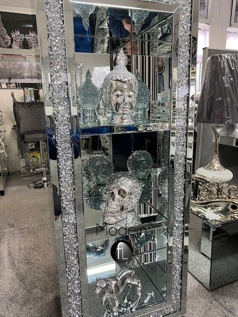 Tall crushed crystal bookcase, Glitz sparkle display cabinet 150cm high