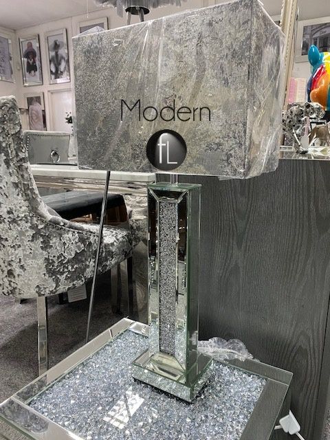 Crushed diamond and mirrored table lamp, glitz sparkle table lamp