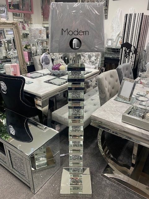 Mirrored and crushed diamond floor lamp with shade option