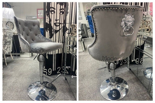 Grey velvet swivel bar stool with Lion knocker