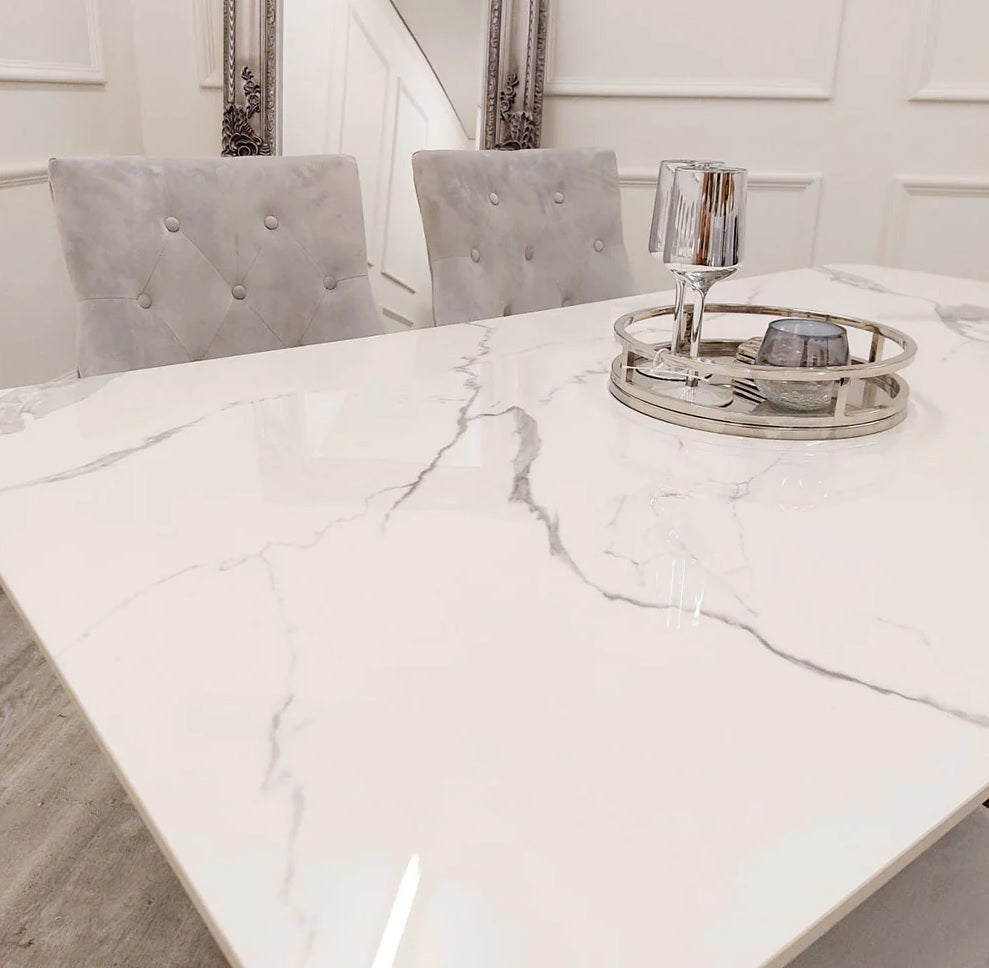 1.6m White Sintered Stone dining table with chrome legs and frame