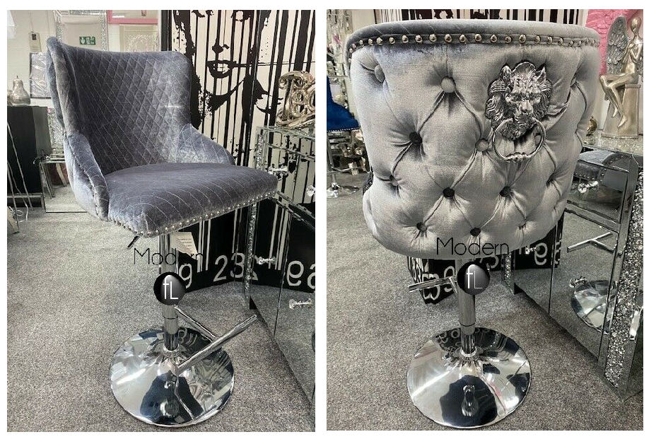 Silver Grey velvet swivel bar stool with chrome Lion knocker and