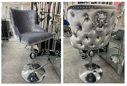 Silver Grey velvet swivel bar stool with chrome Lion knocker and cross stitch