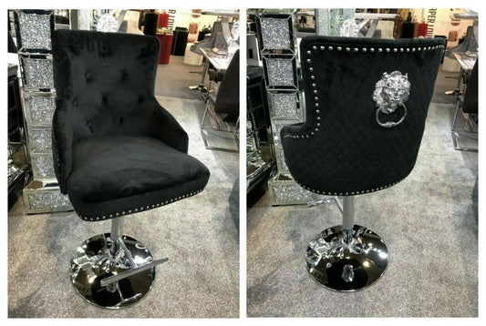 Black velvet swivel bar stool with Lion knocker and cross stitch