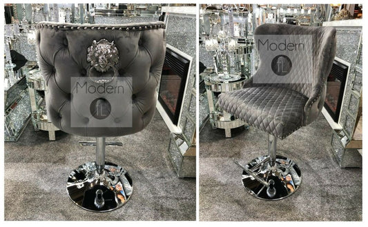 Grey velvet swivel bar stool with chrome Lion knocker and cross stitch