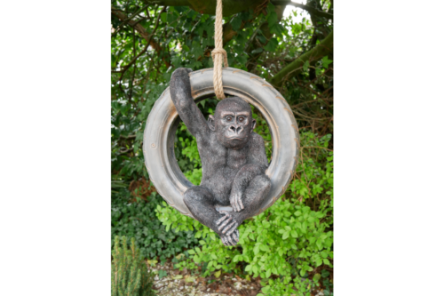 Hanging Gorilla on Tyre Swing Garden ornament, Gorilla outdoor swinging
