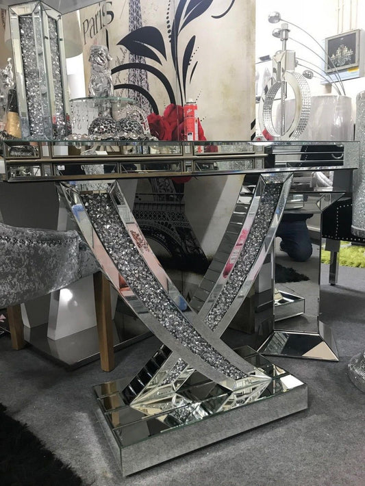 Mirrored Silver Crushed Crystal Mirror Glass Console Table