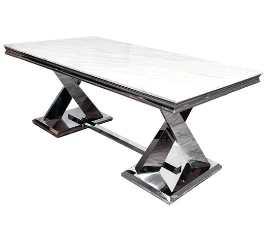 White Marble 1.8m dining table with Chrome X Leg