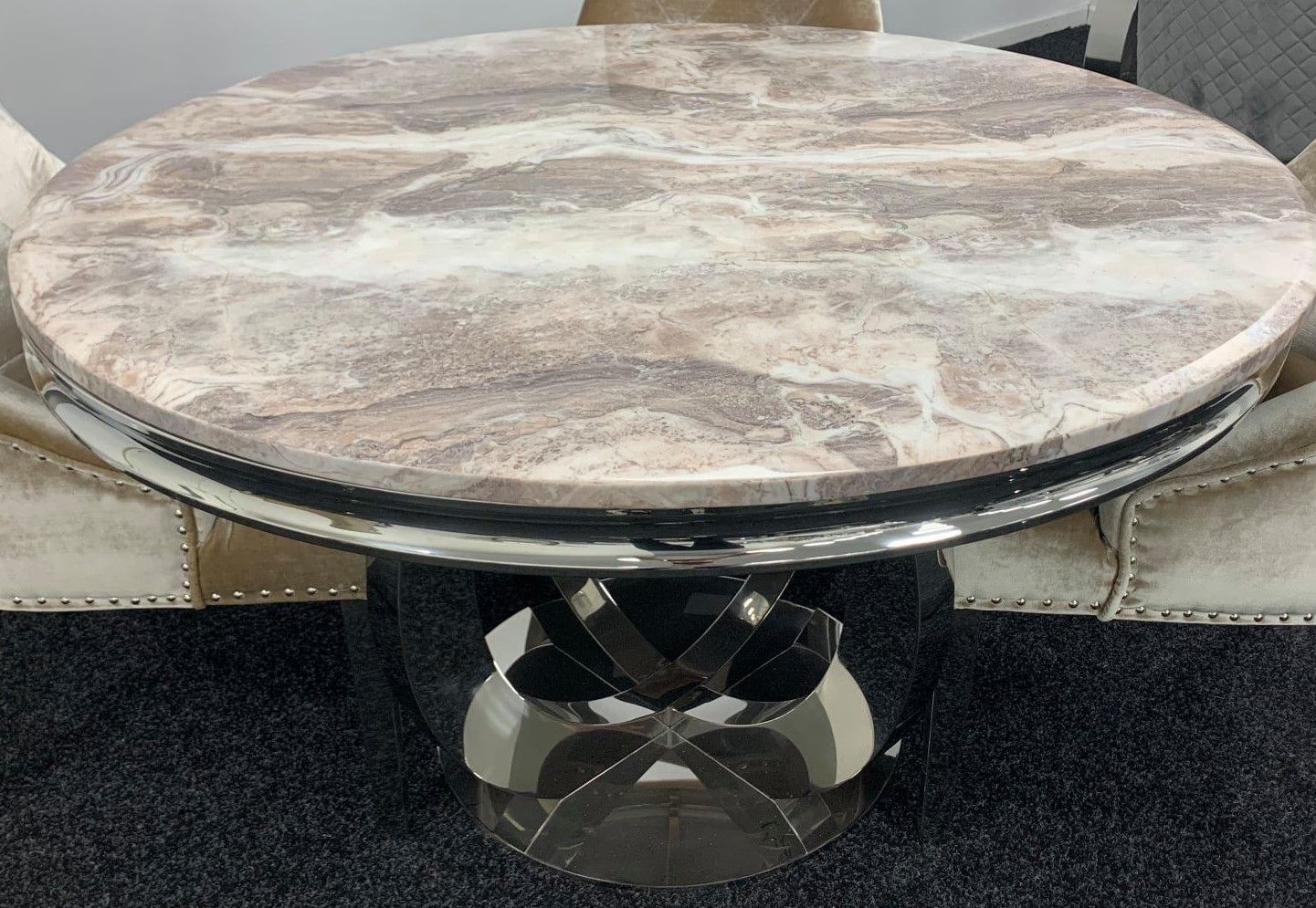 Ariana Round Marble Dining Table Chrome base assembly