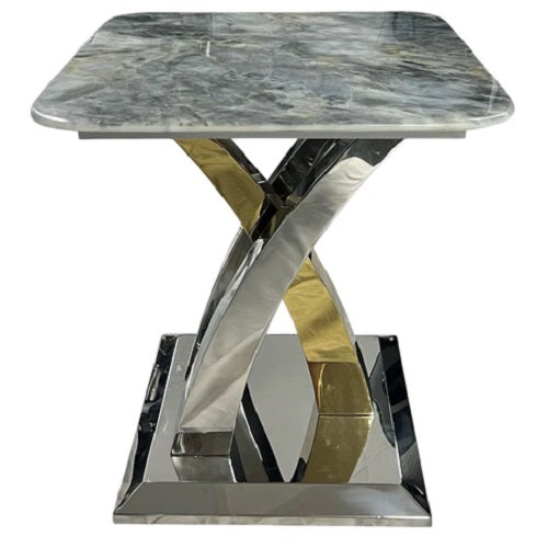 Side Table Marble Grey Top Gold & Chrome Modern Cross Leg