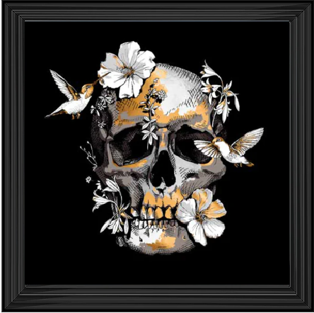 Floral Skull Wall Art, Skull Art In Black Wood Frame