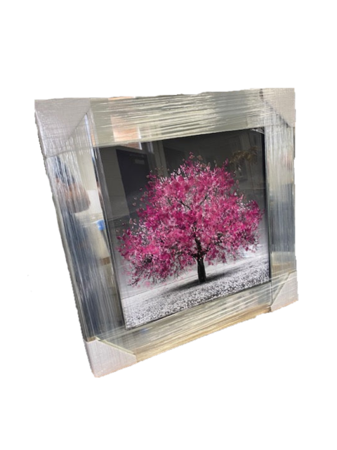 Small pink blossom tree picture in mirrored frame