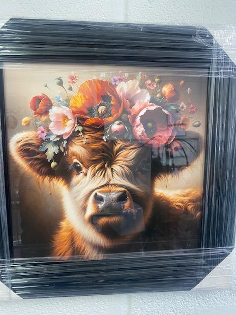 Highland Cow with Floral Crown Picture 39X39cm