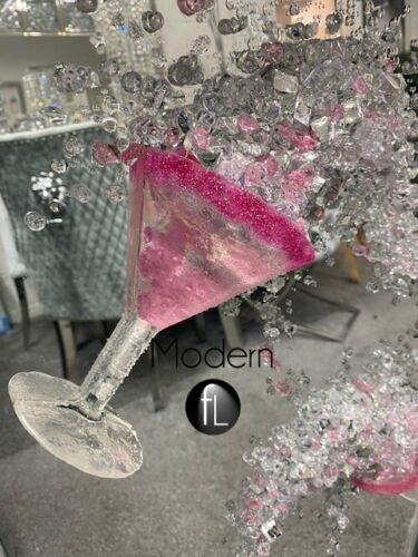 Extra large 3 Cocktail glass pink 3D glitter art with mirrored frame