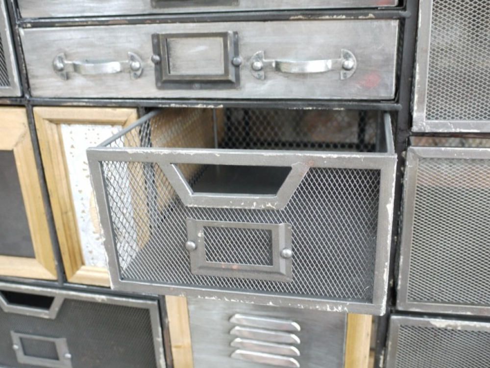 Metal industrial sideboard with drawers, reclaimed style cabinet with mesh sides