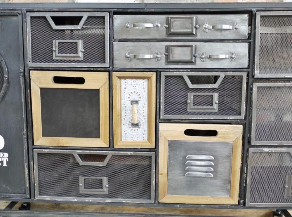 Metal industrial sideboard with drawers, reclaimed style cabinet with mesh sides