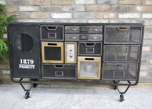 Metal industrial sideboard with drawers, reclaimed style cabinet with mesh sides