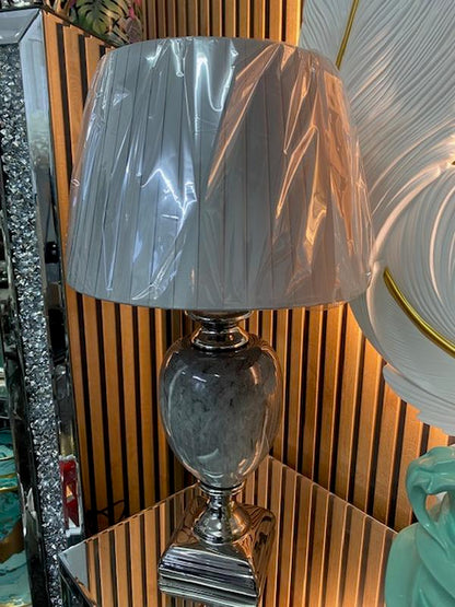 Dark grey marble effect table lamp with Grey round pleated shade 62cm high