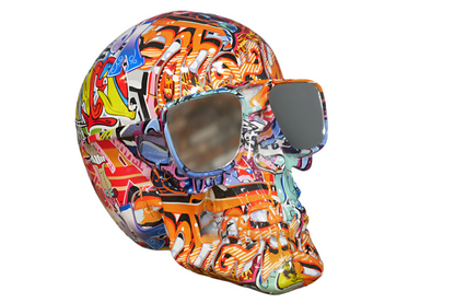 Skull ornament, Graffiti painted skull with mirrored shades decorative ornament