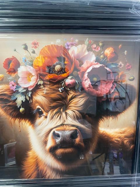 Highland Cow with Floral Crown Picture 39X39cm