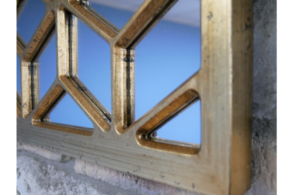 Geometric gold wall mirror, antique gold Geo ornate mirror 118cm x 40cm