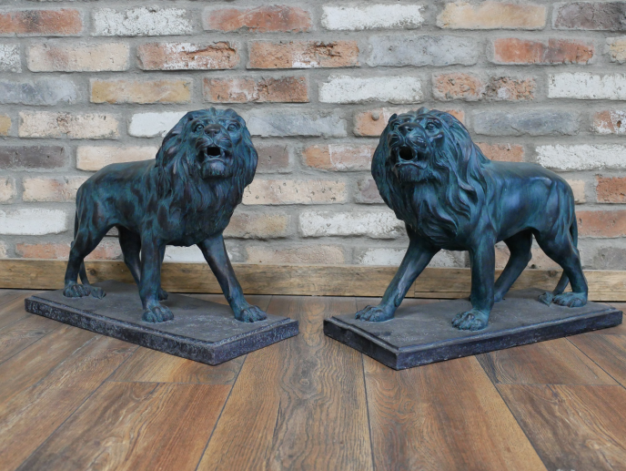 Pair Of Antique Style Outdoor Lion Ornaments, Animal Garden Ornaments