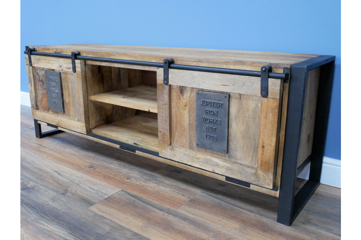 Industrial style wood and metal TV stand, 160 cm wide wood TV unit