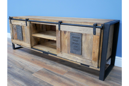 Industrial style wood and metal TV stand, 160 cm wide wood TV unit