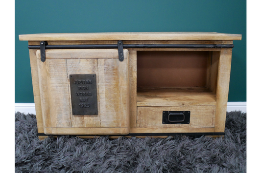 Industrial style wood and metal TV stand, 110 cm wide TV unit