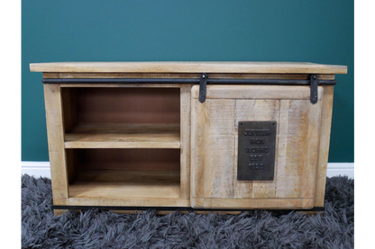 Industrial style wood and metal TV stand, 110 cm wide TV unit