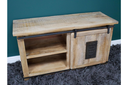 Industrial style wood and metal TV stand, 110 cm wide TV unit