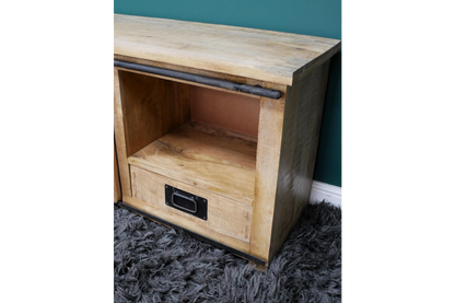 Industrial style wood and metal TV stand, 110 cm wide TV unit