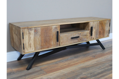 Industrial large Iron and wood TV stand with Iron leg, 145cm wide