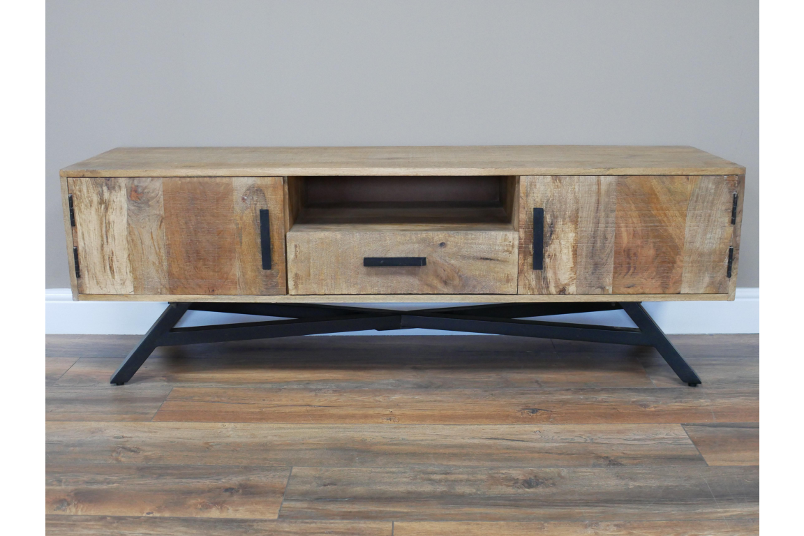 Industrial large Iron and wood TV stand with Iron leg, 145cm wide