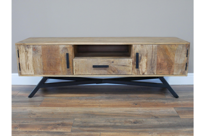 Industrial large Iron and wood TV stand with Iron leg, 145cm wide