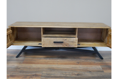 Industrial large Iron and wood TV stand with Iron leg, 145cm wide