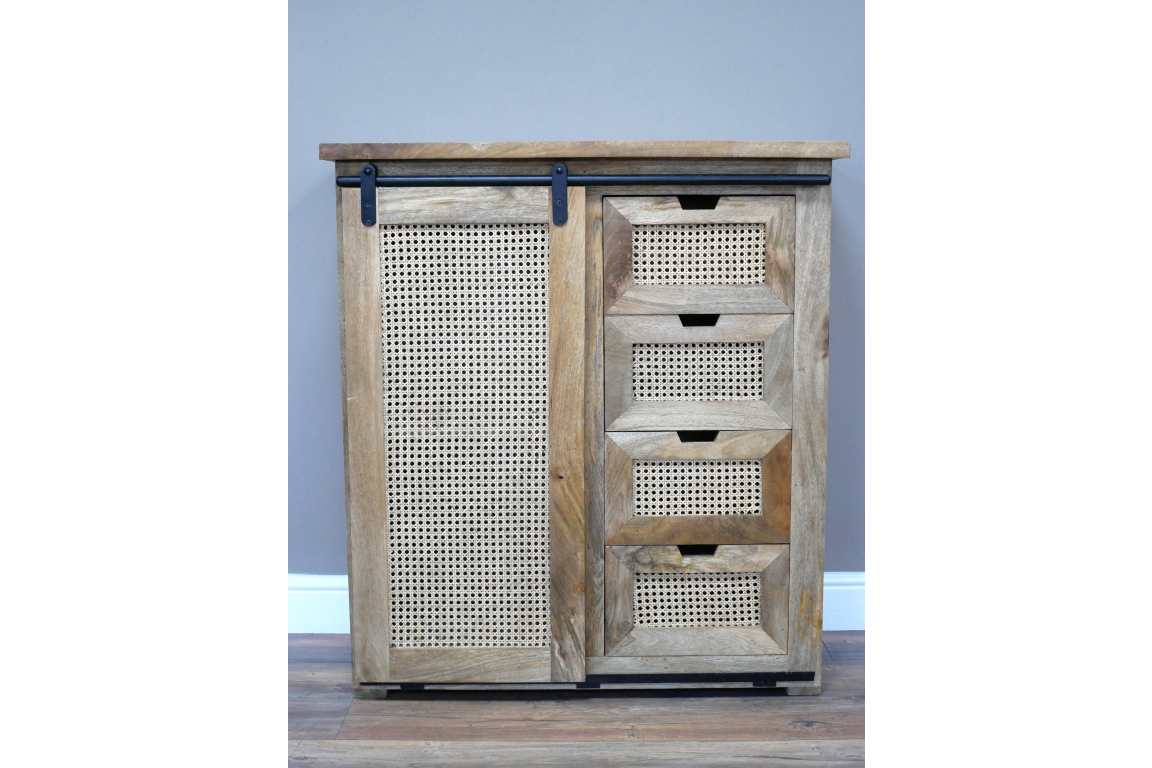 INDUSTRIAL STYLE RUSTIC WOODEN CABINET WITH RATTAN 89 CM WIDE