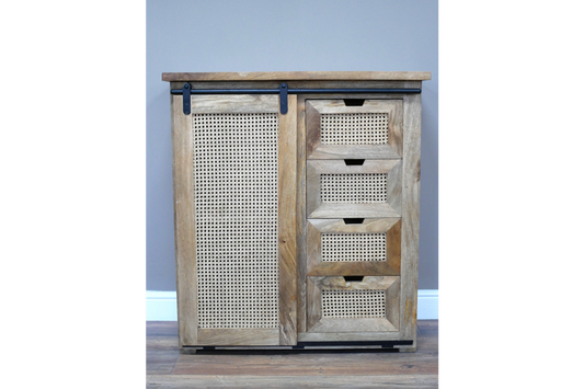 INDUSTRIAL STYLE RUSTIC WOODEN CABINET WITH RATTAN 89 CM WIDE