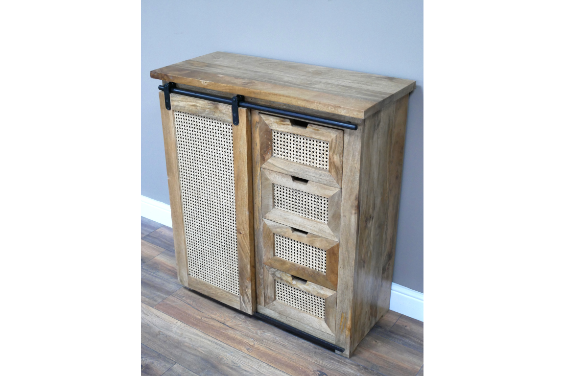 INDUSTRIAL STYLE RUSTIC WOODEN CABINET WITH RATTAN 89 CM WIDE