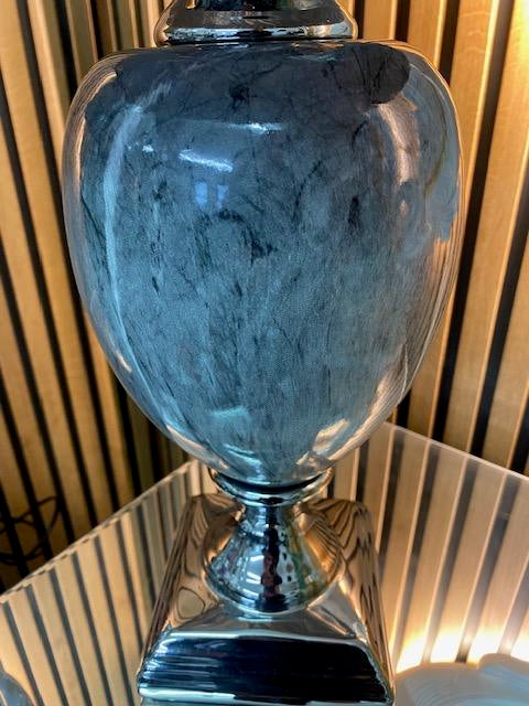 Dark grey marble effect table lamp with Grey round pleated shade 62cm high