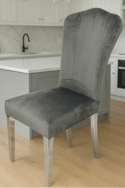 2x Grey velvet dining chairs with chrome leg