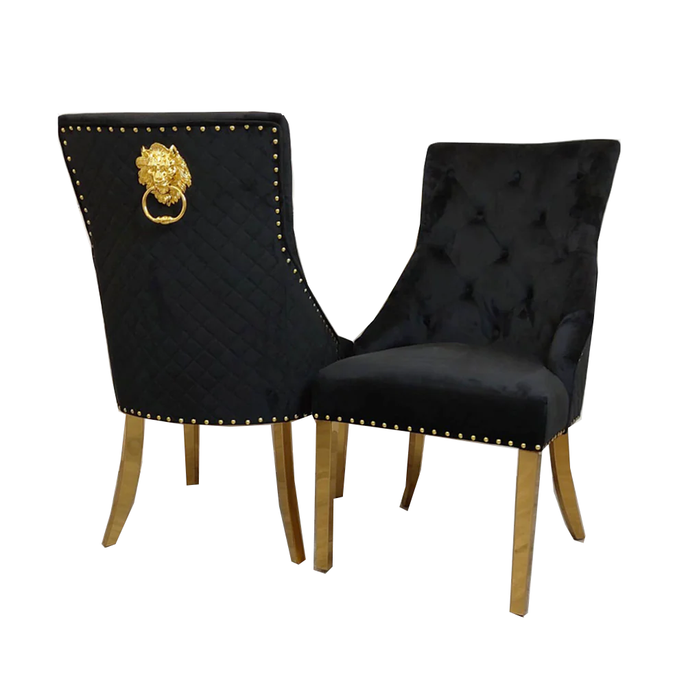 Black velvet x4 dining chairs with gold legs & lion knocker