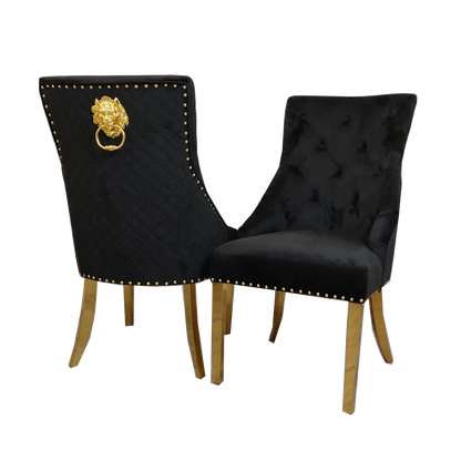 Black velvet x4 dining chairs with gold legs & lion knocker