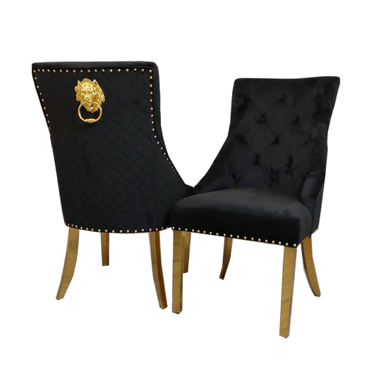 Black velvet x4 dining chairs with gold legs & lion knocker