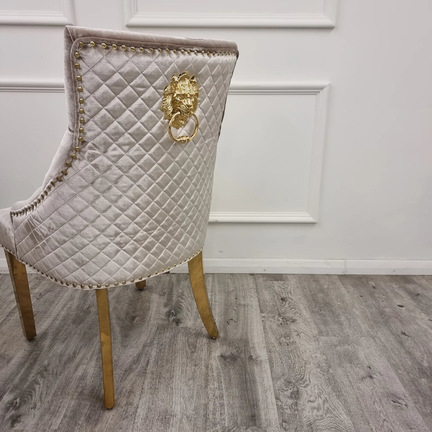 Shiny Beige Velvet Dining Chairs x2 with Gold Lion Head Door Knocker and Legs