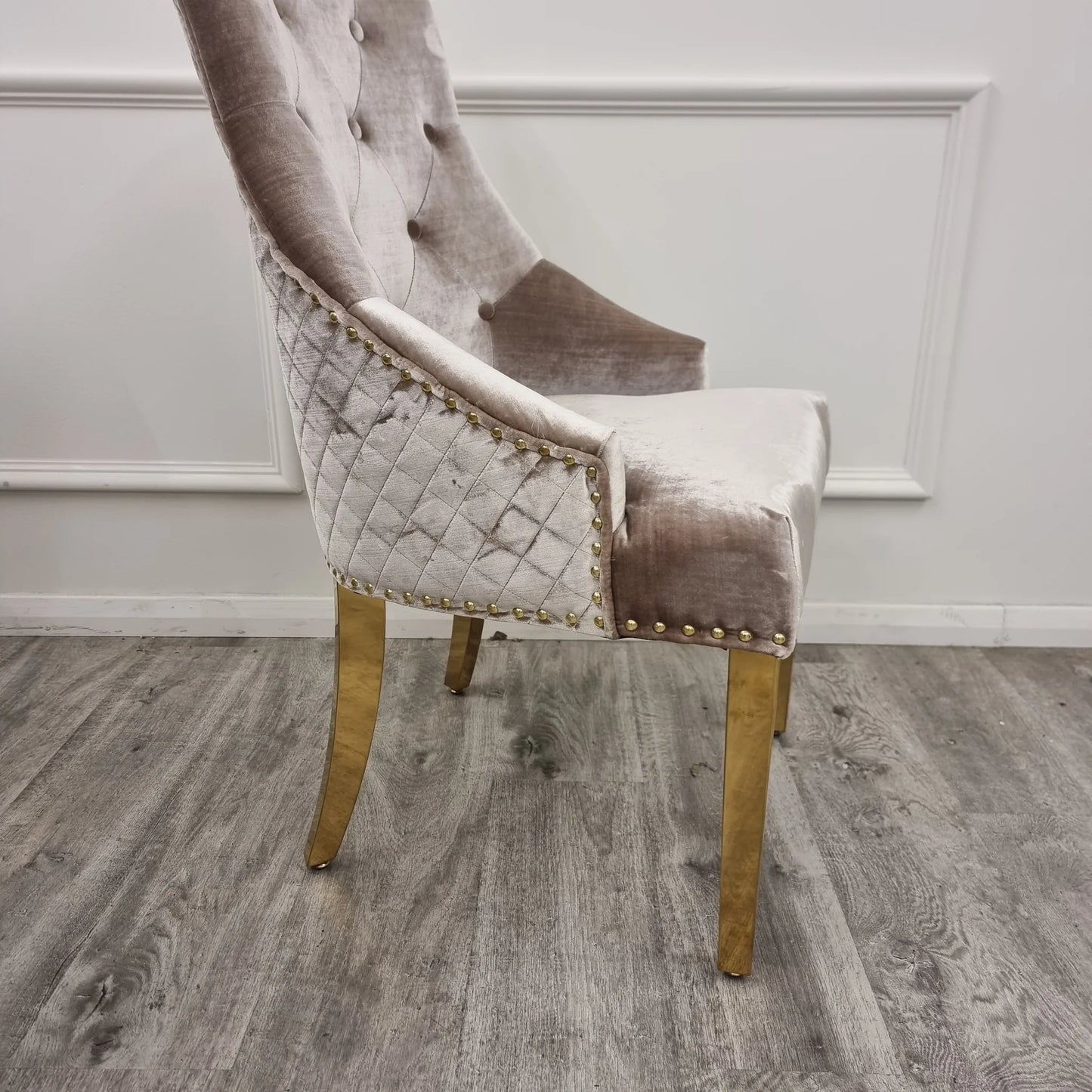 Shiny Beige Velvet Dining Chairs x2 with Gold Lion Head Door Knocker and Legs