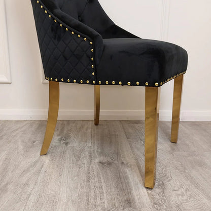 Black velvet x4 dining chairs with gold legs & lion knocker